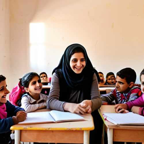 Home 20 **A heartwarming scene inside a makeshift classroom or learning center in a Jordanian refugee camp.** Volunteers are gently interacting with Syrian refugee children, teaching them or engaging in playful activities like drawing or reading. The children have bright, hopeful eyes and innocent smiles. The atmosphere is warm, positive, and full of connection, emphasizing the emotional support and educational efforts. Soft, natural light fills the space.