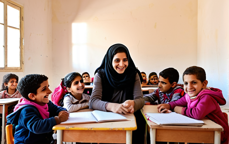 **A heartwarming scene inside a makeshift classroom or learning center in a Jordanian refugee camp.** Volunteers are gently interacting with Syrian refugee children, teaching them or engaging in playful activities like drawing or reading. The children have bright, hopeful eyes and innocent smiles. The atmosphere is warm, positive, and full of connection, emphasizing the emotional support and educational efforts. Soft, natural light fills the space.