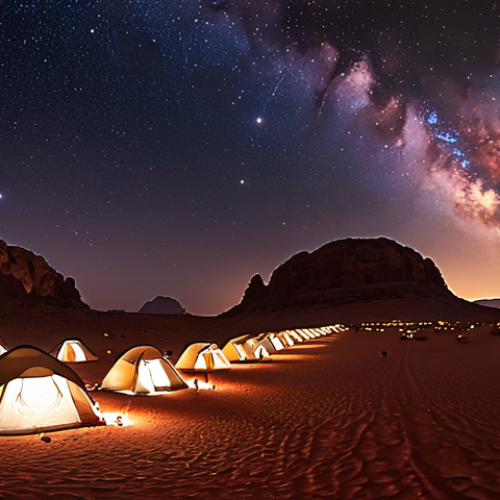 Home 18 A panoramic view of Wadi Rum at night, showcasing the Milky Way above red sandstone mountains, Bedouin tents with warm lights scattered in the foreground.