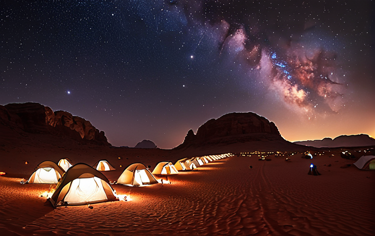 A panoramic view of Wadi Rum at night, showcasing the Milky Way above red sandstone mountains, Bedouin tents with warm lights scattered in the foreground.
