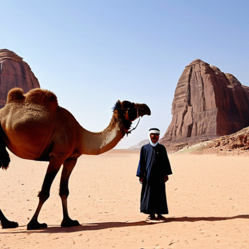 Home 9 A Bedouin man in traditional, modest desert attire, standing proudly next to a calm camel in the vast red desert of Wadi Rum. Majestic sandstone rock formations rise dramatically in the background under a clear, bright sky, evoking a sense of ancient resilience. Perfect anatomy, correct proportions, natural pose, well-formed hands, proper finger count, natural body proportions. Professional photography, sharp focus, natural light, high detail. Safe for work, appropriate content, fully clothed, family-friendly.