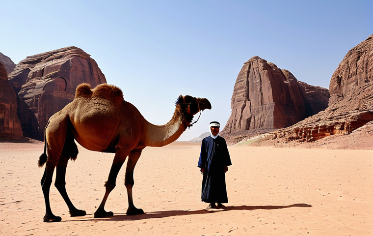 A Bedouin man in traditional, modest desert attire, standing proudly next to a calm camel in the vast red desert of Wadi Rum. Majestic sandstone rock formations rise dramatically in the background under a clear, bright sky, evoking a sense of ancient resilience. Perfect anatomy, correct proportions, natural pose, well-formed hands, proper finger count, natural body proportions. Professional photography, sharp focus, natural light, high detail. Safe for work, appropriate content, fully clothed, family-friendly.